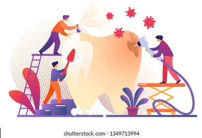 Small Dentists People Cleaning, Treating Big Unhealthy Tooth Plaque and Caries Hole. Doctors Work Together. Brushing, Scaling, Drilling Plaque. Stomatology, Dentistry. Cartoon Flat Vector Illustration