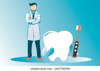 Small dentists people cleaning, treating big unhealthy tooth plaque and caries hole. Dentist doctors brushing, scaling, drilling plaque & caries tooth. Dentistry work concept. Flat vector illustration