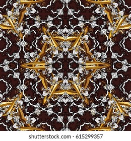 Small depth of field. Luxury furniture. Furniture in classic style. Pattern on brown background with golden elements. Brown tree with gold trim. Carving. Seamless element woodcarving. Patina.