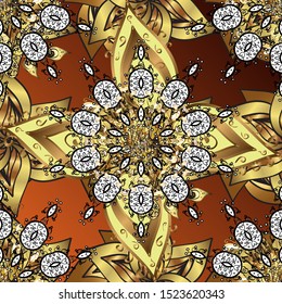 Small depth of field. Patina. Luxury furniture. Carving. Pattern on brown and yellow colors with golden elements. Element woodcarving. Furniture in classic style. Brown and yellow tree with gold trim.