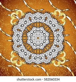 Small depth of field. Pattern on yellow background with golden elements. Luxury furniture. Element woodcarving. Furniture in classic style. Yellow backdrop with gold trim. Patina. Carving.