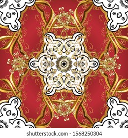 Small depth of field. Red and white backdrop with gold trim. Patina. Seamless element woodcarving. Pattern on red and white colors with golden elements. Furniture in classic style. Carving. Luxury.