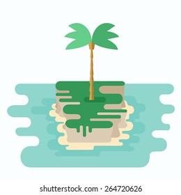 Small Desert Island. Illustration Of Landscape With Abstract Island With Alone Palm Tree Between Ocean. Traveling Theme Series. Map Element. Flat Style. Vector File Is EPS8.