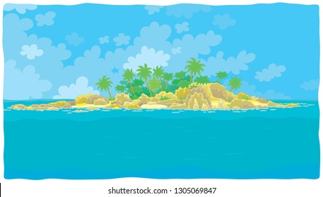 Small desert island with rocks and palms in a tropical sea, vector illustration in a cartoon style