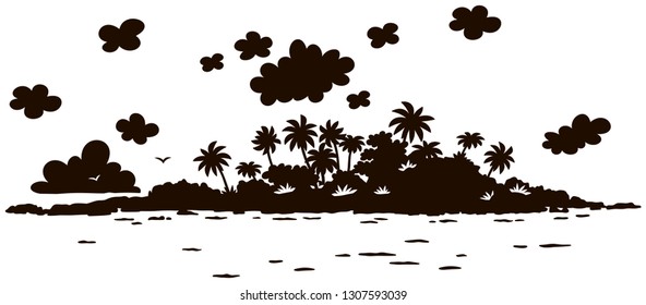 Small desert island with rocks and palms in a tropical sea, black and white silhouette vector illustration in a cartoon style