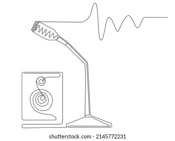 Pequeño micrófono de escritorio en una línea sobre un fondo blanco. Ilustración vectorial con equipo de sonido. Imagen musical bursátil.