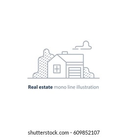 Small detached house with garage, suburb summer house icon, real estate vector mono line illustration