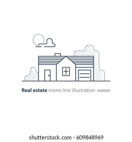 Small detached long house with garage, horizontal, suburb summer house icon, real estate vector mono line illustration