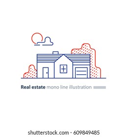 Small detached long house with garage, one floor, suburb summer house icon, real estate vector line illustration