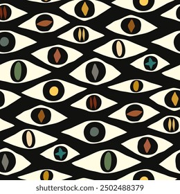 Small different abstract eyes isolated on black background. Cute geometric seamless pattern. Vector simple flat graphic hand drawn illustration. Texture.