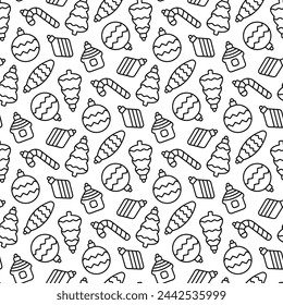 Pequeños juguetes de árbol de Navidad lineales de contorno negro diferentes aislados sobre un fondo blanco. Diseño monocromo sin costuras. Ilustración gráfica plana simple del vector. Textura.