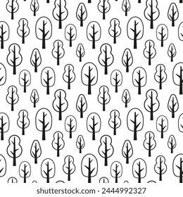 Small different black trees isolated on a white background. Monochrome seamless pattern. Vector simple flat graphic illustration. Texture.
