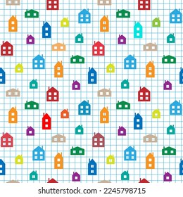 Pequeñas casas multicolores de colores vivos y diferentes aisladas en una sábana blanca a cuadros. Patrón perfecto. Ilustración gráfica plana vectorial simple. Textura.
