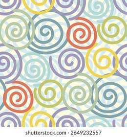 Small different bright colorful multicolored spirals isolated on white background. Cute seamless pattern. Vector simple flat graphic illustration. Texture.