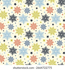 Pequeños diferentes copos de nieve multicolores brillantes aislados sobre fondo blanco. Lindo patrón sin costuras. Vector simple ilustración gráfica plana. Textura.