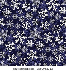 Pequeños diferentes copos de nieve blancos y púrpuras aislados sobre fondo azul oscuro. Lindo patrón sin costuras. Vector simple ilustración gráfica plana. Textura.