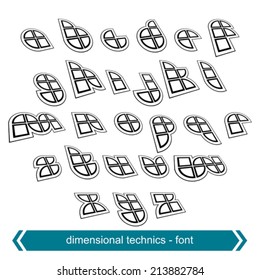 Small dimensional shift letters with rotation effect, geometric draft characters created from segments and parts.