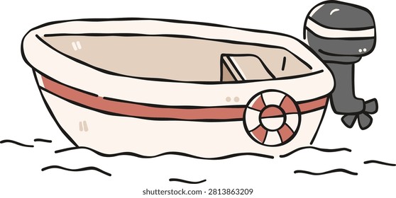 Small dinghy rowboat with outboard motor Clipart, Cute Nautical Ocean Marine Vector, Hand Drawn flat color Kids Nursery Sublimation Graphic Element