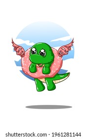Small dinosaur flying on a donuts with wings and sky background