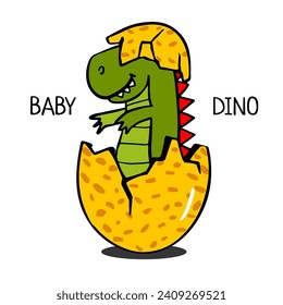 small dinosaur hatched from an egg. baby cartoon tyrannosaur isolated on white for children's illustrations, print on T-shirt, poster in children's room, funny baby character, Stickers