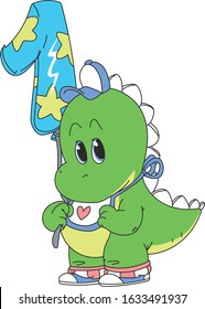 Small dinosaur holding a balloon, first birthday dinosaur, cute boy dinosaur