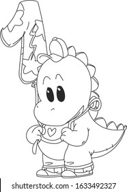 Small dinosaur holding a balloon, first birthday dinosaur, cute boy dinosaur - coloring page