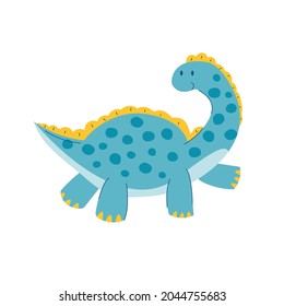 A small diplodocus dinosaur. Cute cartoon dino. A blue kids reptile with a long neck. A prehistoric animal. Stock vector children flat illustration on a white background.
