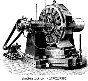 A small direct current dynamo with collecting rings and pole pieces, designed for the generation of alternating currents,, vintage line drawing or engraving illustration.