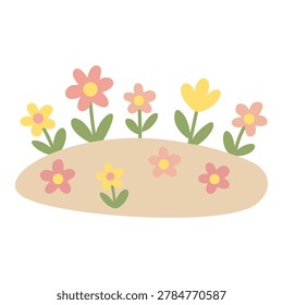 Small dirt mound with blooming pink and yellow spring flowers flat vector cartoon element