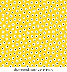 Small ditsy daisy seamless repeat pattern. Random placed, vector flowers all over surface print on yellow background.