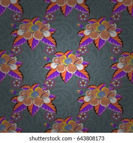 Small ditsy flowers for fabric design, dress, wallpaper and paper. Seamless pattern vector summer print in orange and violet colors.