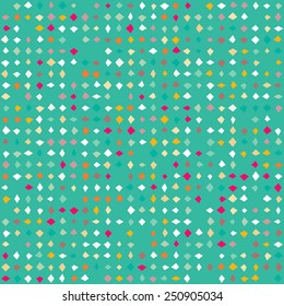Small ditsy pattern with diamond shapes in multiple bright color on aqua blue background. Seamless texture in hipster style with tiny squares rotating in random direction