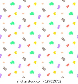 Small ditsy pattern with tropical motifs, hand drawn pineapples and leafs in bright multiple colors on white background