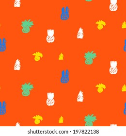 Small ditsy pattern with tropical motifs, hand drawn pineapples and leafs in bright multiple colors on vibrant red background