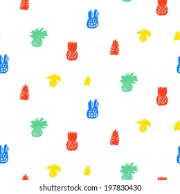 Small ditsy pattern with tropical motifs, hand drawn pineapples and leafs in bright multiple colors on white background