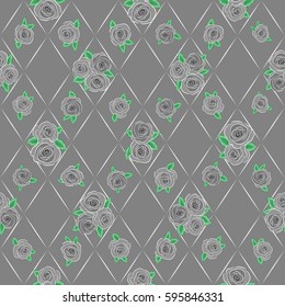 Small ditsy rose flowers. Cute seamless pattern in small rose flower on a gray background. The elegant the template for fashion prints. Vector ditsy floral style.