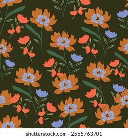 Small ditsy seamless pattern. Cute chamomile print. Floral ornament. Pretty botanical backdrop. Design for fabric , textile print, surface, wrapping, cover. Vector illustration.