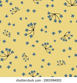 Small ditsy wildflowers seamless vector pattern. Navy blue cute childlike blooms on yellow background. Simple delightful design is great for joyful vibrant fabric, nursery or kids room wallpaper.
