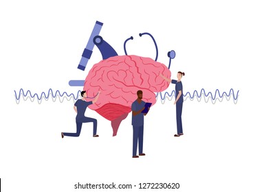 Small Doctors Examining a Humans Brain. Medical Landing Page Concept. Medical Help, First Aid or Health Care Illustration. Male and Female Physicians Thinking about Diagnosis. Neorological Treatment.