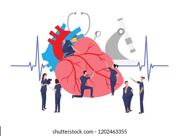 Small Doctors Examining a Humans Heart. Landing Page Concept. Medical Help, First Aid or Health Care Illustration. Male and Female Physicians Thinking about Diagnosis. Vector.