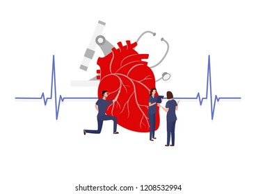 Small Doctors Examining a Humans Heart. Landing Page Concept. Medical Help, First Aid or Health Care Illustration. Male and Female Physicians Thinking about Diagnosis.