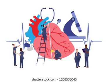 Small Doctors Examining a Humans Heart. Landing Page Concept. Medical Help, First Aid or Health Care Illustration. Male and Female Physicians Thinking about Diagnosis.
