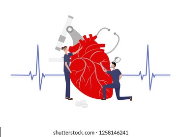 Small Doctors Examining a Humans Heart. Landing Page Concept. Medical Help, First Aid or Health Care Illustration. Male and Female Physicians Thinking about Diagnosis.