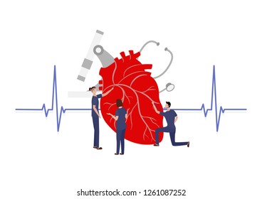 Small Doctors Examining a Humans Heart. Landing Page Concept. Medical Help, First Aid or Health Care Illustration. Male and Female Physicians Thinking about Diagnosis.