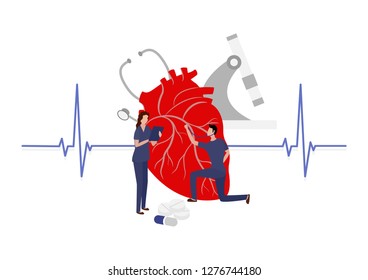Small Doctors Examining a Humans Heart. Landing Page Concept. Medical Help, First Aid or Health Care Illustration. Male and Female Physicians Thinking about Diagnosis.