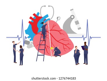 Small Doctors Examining a Humans Heart. Landing Page Concept. Medical Help, First Aid or Health Care Illustration. Male and Female Physicians Thinking about Diagnosis.