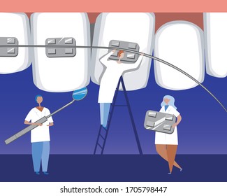 Small doctors in the mouth and big teeth as a concept for installing braces on the orthodontic clinic. Flat vector stock illustration with orthodontists or dentists and molars on the gum