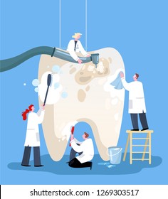 Small doctors who treat giant teeth. Vector illustration flat design. Use in Web Project and Applications. 