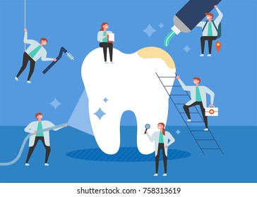 Small doctors who treat giant teeth like cures. poster concept vector illustration flat design