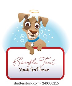 Small dog with banner isolated on white background